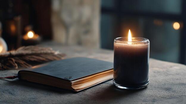 A candlelit nighttime scene with a warm cup, a book, and calming objects arranged in a deep midnight atmosphere